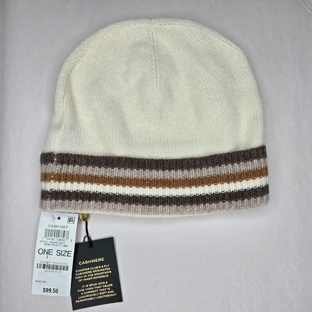 NWT Charter Club Women's Neural Striped Cashmere Hat OS